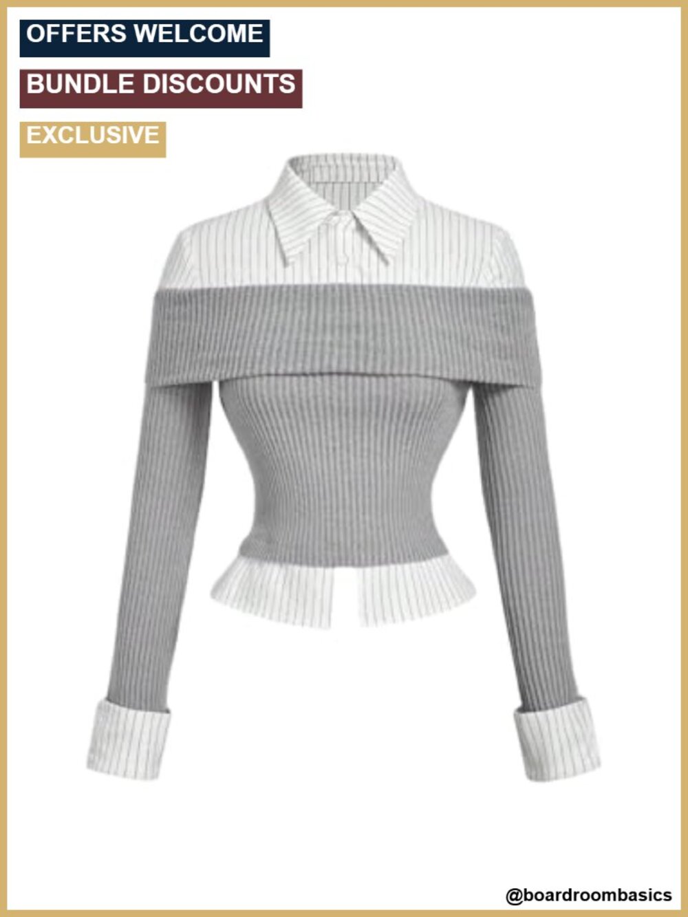 Striped Rib Knit Slim Fit Long Sleeve Collared Neck Blouse Women